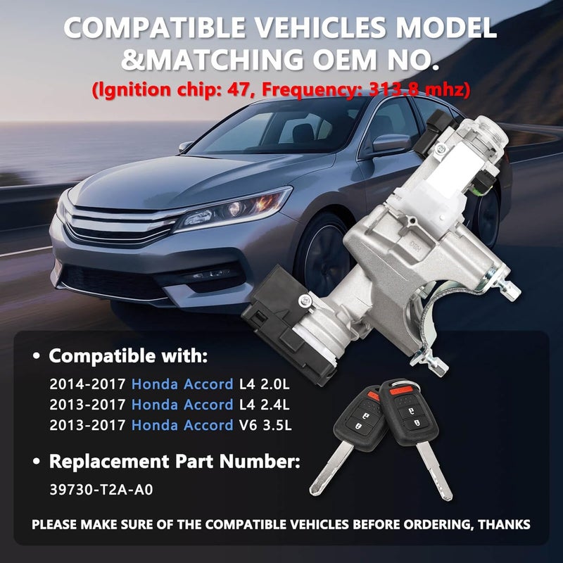 RAMATA Ignition Lock Cylinder Switch Compatible with 2013 2014 2015 2016 2017 Honda Accord 2.0L 2.4L 3.5L, Replace # 39730-T2A-A0, (with 2 Blank Chipped Remote Keys) - Image 2